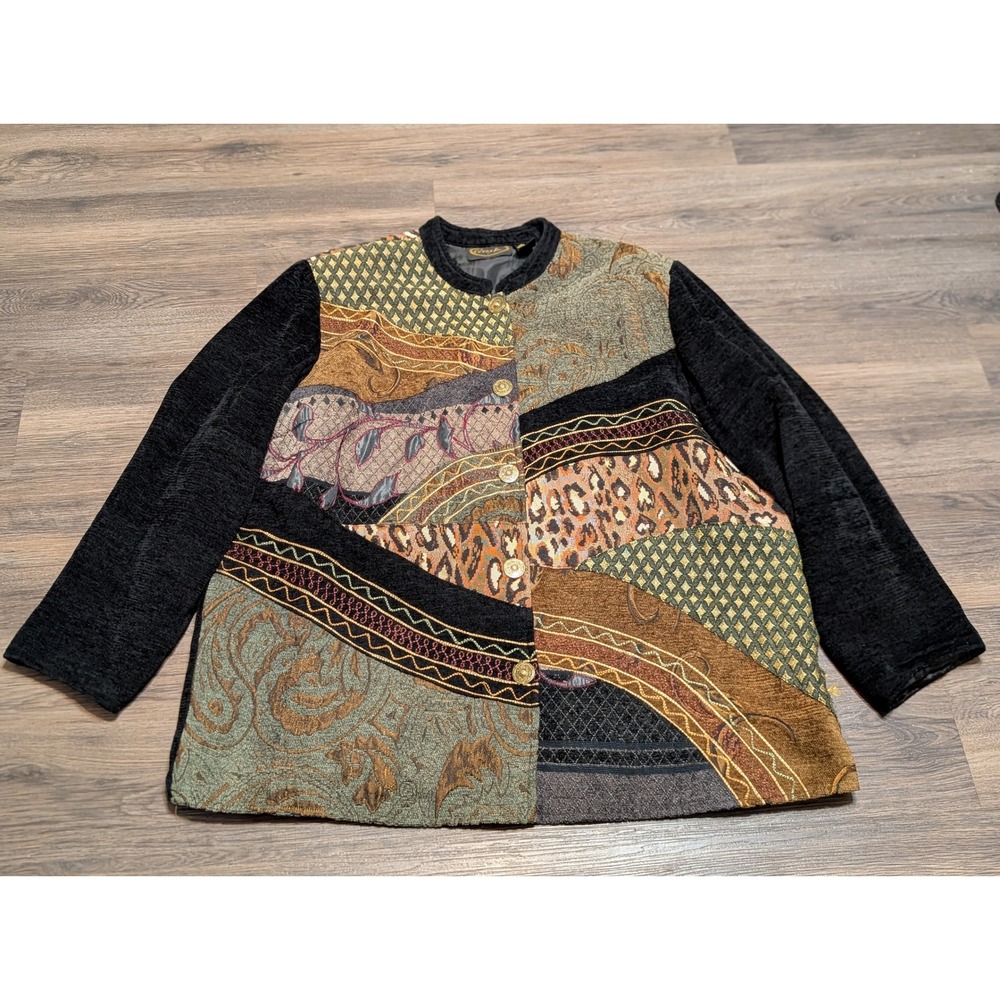 Alex Evenings Patchwork Collage Jacket Womens 2X Black Multi Textured Bohemian